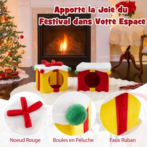 Maison de Noël pour Chat à 2 Etages 2 Condos Empilables en Forme de Paquets Cadeaux avec Nœud en Tissu Peluche et Bois d'Ingénierie