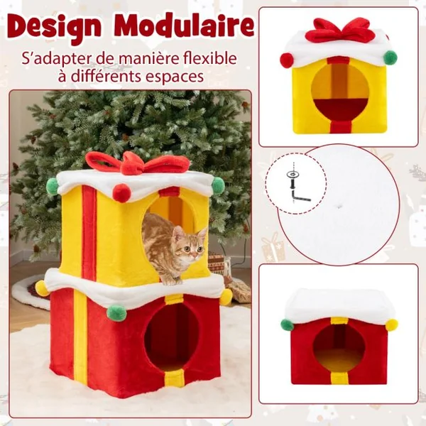Maison de Noël pour Chat à 2 Etages 2 Condos Empilables en Forme de Paquets Cadeaux avec Nœud en Tissu Peluche et Bois d'Ingénierie