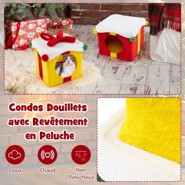 Maison de Noël pour Chat à 2 Etages 2 Condos Empilables en Forme de Paquets Cadeaux avec Nœud en Tissu Peluche et Bois d'Ingénierie