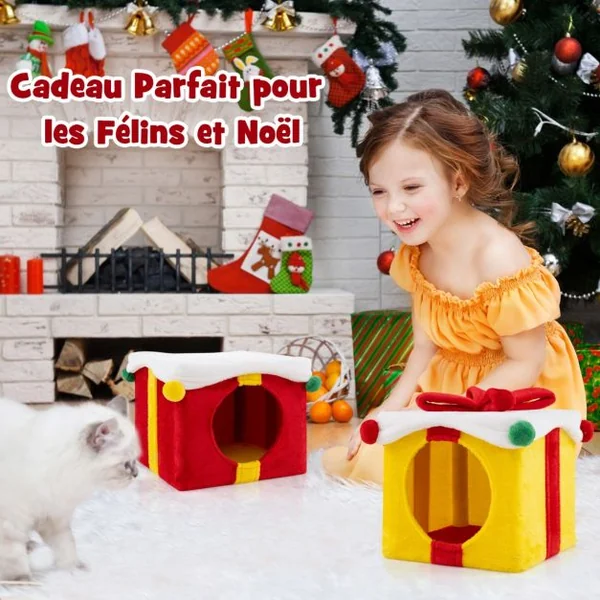 Maison de Noël pour Chat à 2 Etages 2 Condos Empilables en Forme de Paquets Cadeaux avec Nœud en Tissu Peluche et Bois d'Ingénierie