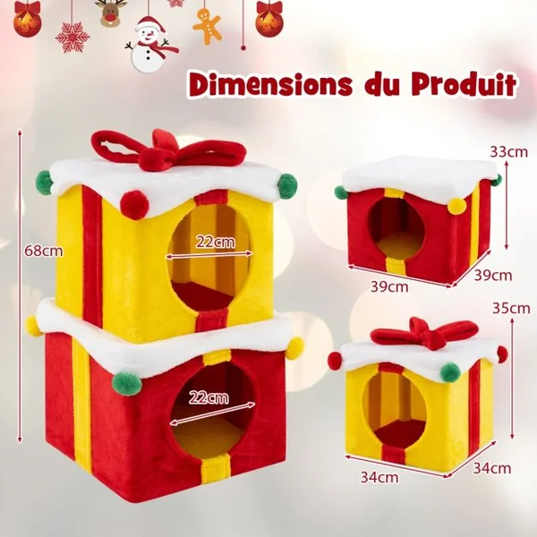 Maison de Noël pour Chat à 2 Etages 2 Condos Empilables en Forme de Paquets Cadeaux avec Nœud en Tissu Peluche et Bois d'Ingénierie