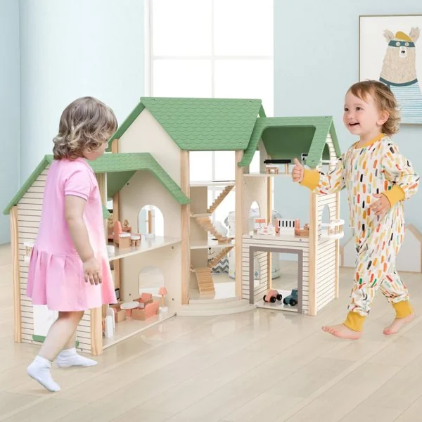 Maison de Poupée d'Angle en Bois au Toit Vert 36 Meubles et Accessoires 3 Etages 6 Chambres pour Enfants de 3 Ans et Plus Vert