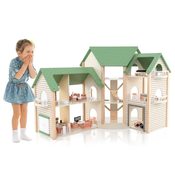 Maison de Poupée d'Angle en Bois au Toit Vert 36 Meubles et Accessoires 3 Etages 6 Chambres pour Enfants de 3 Ans et Plus Vert