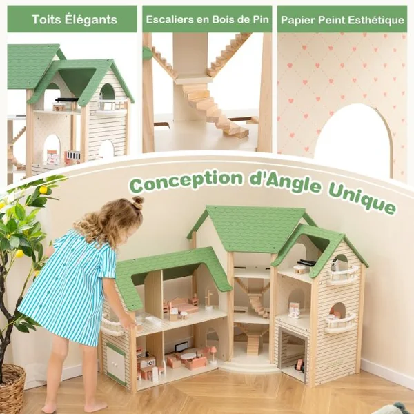 Maison de Poupée d'Angle en Bois au Toit Vert 36 Meubles et Accessoires 3 Etages 6 Chambres pour Enfants de 3 Ans et Plus Vert