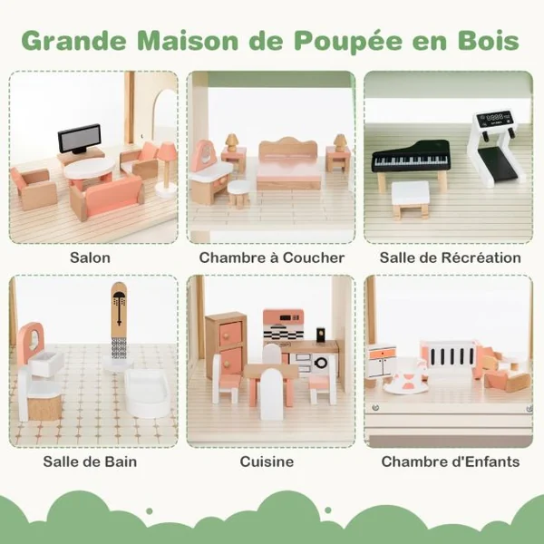 Maison de Poupée d'Angle en Bois au Toit Vert 36 Meubles et Accessoires 3 Etages 6 Chambres pour Enfants de 3 Ans et Plus Vert