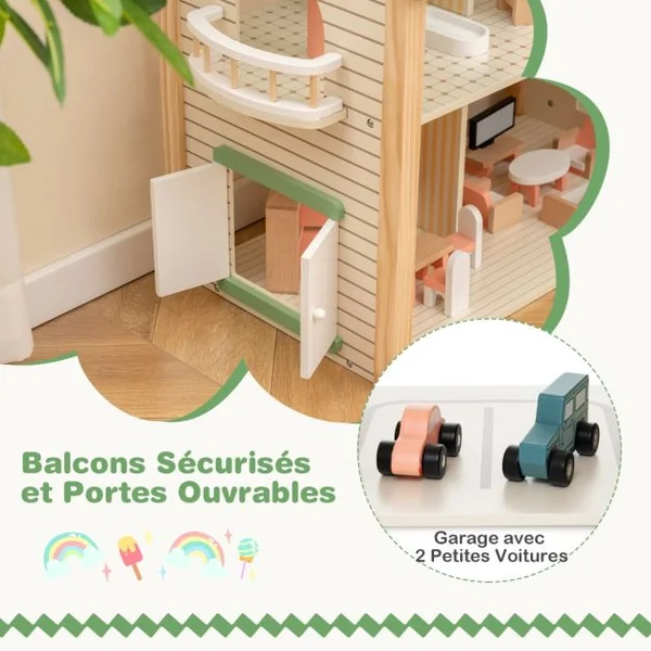 Maison de Poupée d'Angle en Bois au Toit Vert 36 Meubles et Accessoires 3 Etages 6 Chambres pour Enfants de 3 Ans et Plus Vert