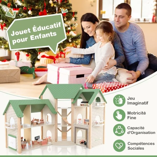 Maison de Poupée d'Angle en Bois au Toit Vert 36 Meubles et Accessoires 3 Etages 6 Chambres pour Enfants de 3 Ans et Plus Vert