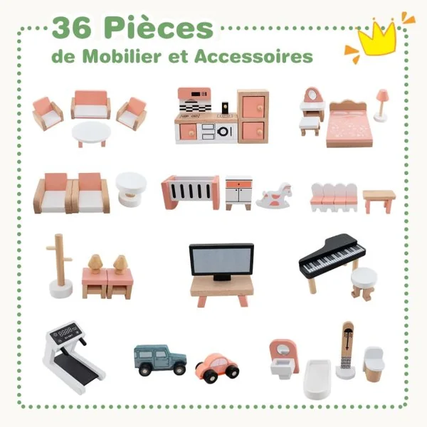 Maison de Poupée d'Angle en Bois au Toit Vert 36 Meubles et Accessoires 3 Etages 6 Chambres pour Enfants de 3 Ans et Plus Vert