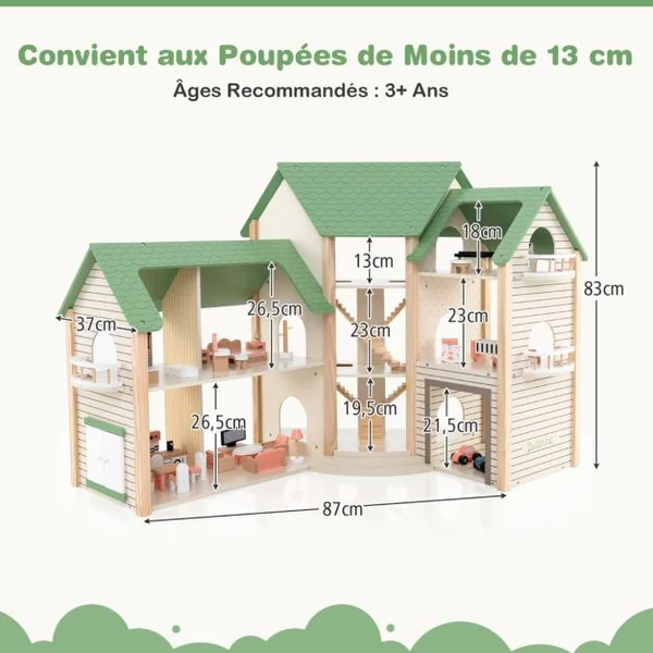 Maison de Poupée d'Angle en Bois au Toit Vert 36 Meubles et Accessoires 3 Etages 6 Chambres pour Enfants de 3 Ans et Plus Vert