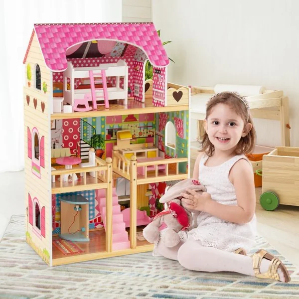 Maison de Poupée en Bois 15 Accessoires à 3 Etages 59 x 30 x 91 CM Cadeaux pour Enfants 3 Ans+ Rose