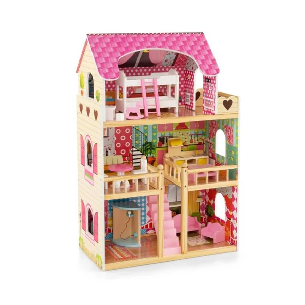 Maison de Poupée en Bois 15 Accessoires à 3 Etages 59 x 30 x 91 CM Cadeaux pour Enfants 3 Ans+ Rose