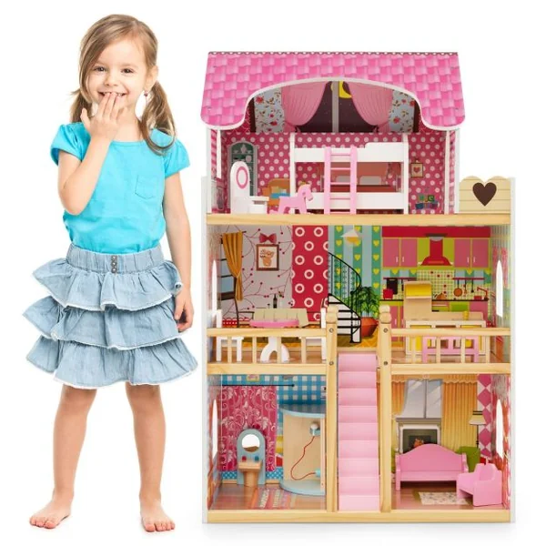 Maison de Poupée en Bois 15 Accessoires à 3 Etages 59 x 30 x 91 CM Cadeaux pour Enfants 3 Ans+ Rose