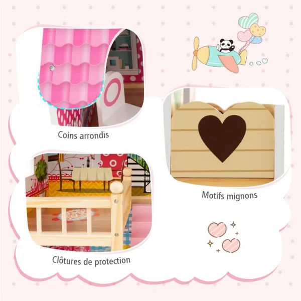 Maison de Poupée en Bois 15 Accessoires à 3 Etages 59 x 30 x 91 CM Cadeaux pour Enfants 3 Ans+ Rose