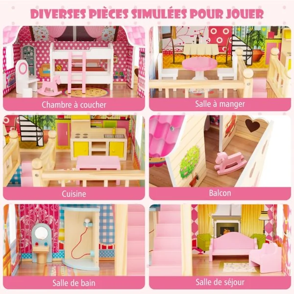 Maison de Poupée en Bois 15 Accessoires à 3 Etages 59 x 30 x 91 CM Cadeaux pour Enfants 3 Ans+ Rose