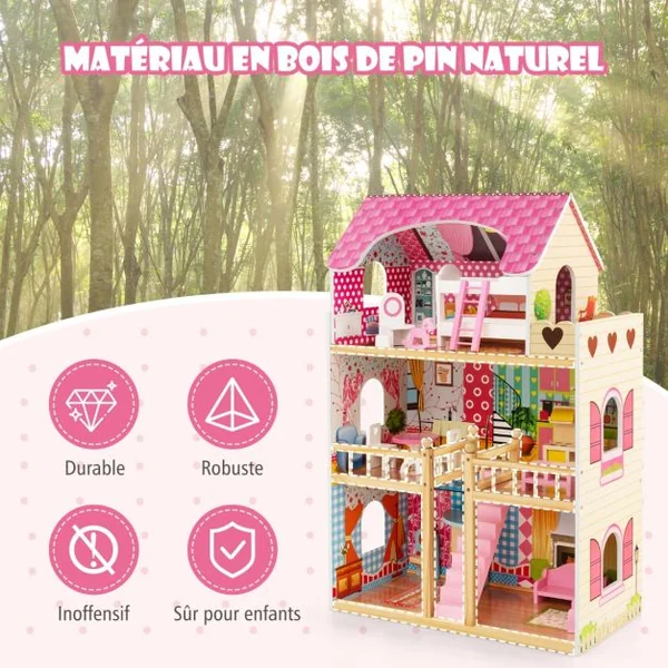 Maison de Poupée en Bois 15 Accessoires à 3 Etages 59 x 30 x 91 CM Cadeaux pour Enfants 3 Ans+ Rose