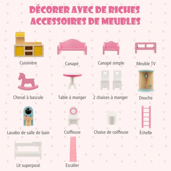 Maison de Poupée en Bois 15 Accessoires à 3 Etages 59 x 30 x 91 CM Cadeaux pour Enfants 3 Ans+ Rose