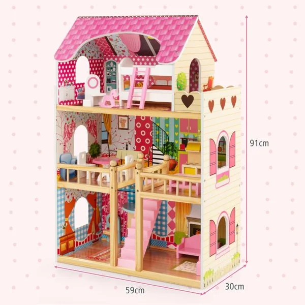 Maison de Poupée en Bois 15 Accessoires à 3 Etages 59 x 30 x 91 CM Cadeaux pour Enfants 3 Ans+ Rose