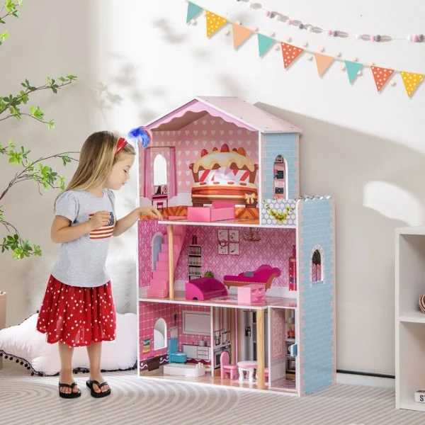 Maison de Poupée en Bois à 3 Etages avec 4 Pièces & Balcon & Ascenseur Maison avec Autocollants & 9 Meubles Jeu d’Imitation Princesse Rose