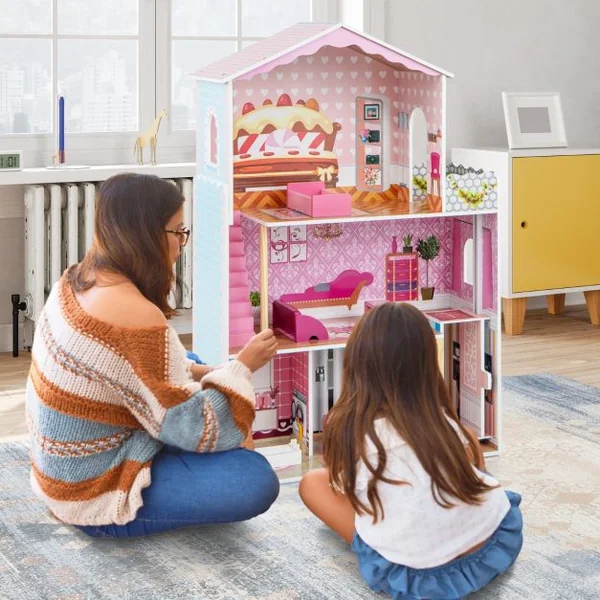 Maison de Poupée en Bois à 3 Etages avec 4 Pièces & Balcon & Ascenseur Maison avec Autocollants & 9 Meubles Jeu d’Imitation Princesse Rose