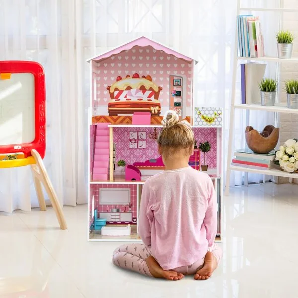 Maison de Poupée en Bois à 3 Etages avec 4 Pièces & Balcon & Ascenseur Maison avec Autocollants & 9 Meubles Jeu d’Imitation Princesse Rose