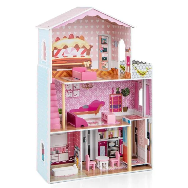 Maison de Poupée en Bois à 3 Etages avec 4 Pièces & Balcon & Ascenseur Maison avec Autocollants & 9 Meubles Jeu d’Imitation Princesse Rose