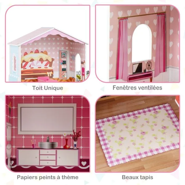 Maison de Poupée en Bois à 3 Etages avec 4 Pièces & Balcon & Ascenseur Maison avec Autocollants & 9 Meubles Jeu d’Imitation Princesse Rose