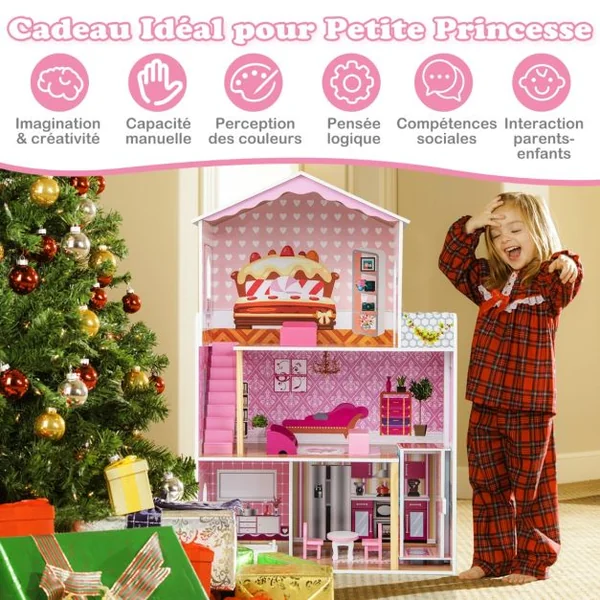 Maison de Poupée en Bois à 3 Etages avec 4 Pièces & Balcon & Ascenseur Maison avec Autocollants & 9 Meubles Jeu d’Imitation Princesse Rose