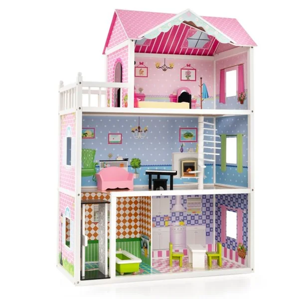 Maison de Poupée en Bois à 3 Etages avec 5 Pièces & Ascenseur & Escalier Rotatif Maison avec Autocollants & 10 Meubles pour Enfants de 3 Ans+ Rose