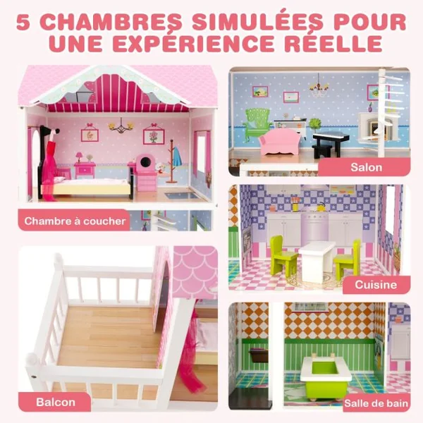 Maison de Poupée en Bois à 3 Etages avec 5 Pièces & Ascenseur & Escalier Rotatif Maison avec Autocollants & 10 Meubles pour Enfants de 3 Ans+ Rose