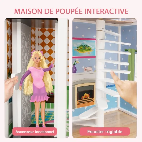 Maison de Poupée en Bois à 3 Etages avec 5 Pièces & Ascenseur & Escalier Rotatif Maison avec Autocollants & 10 Meubles pour Enfants de 3 Ans+ Rose