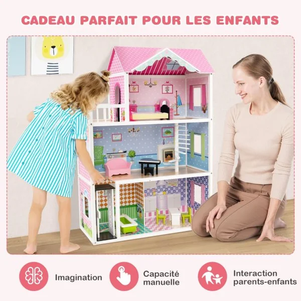 Maison de Poupée en Bois à 3 Etages avec 5 Pièces & Ascenseur & Escalier Rotatif Maison avec Autocollants & 10 Meubles pour Enfants de 3 Ans+ Rose
