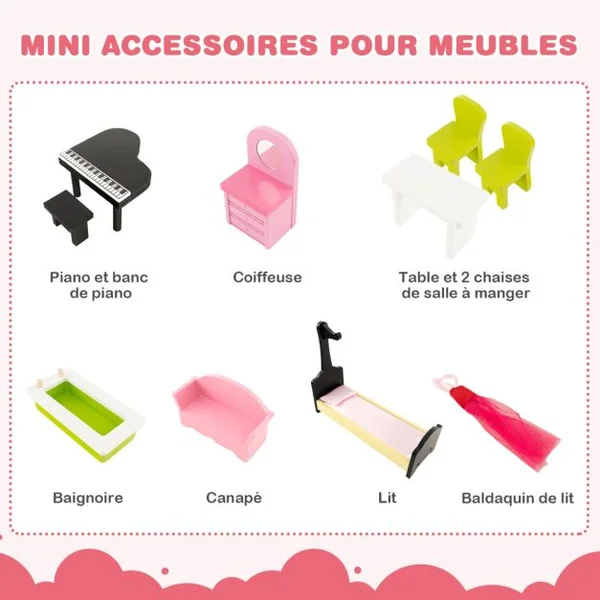 Maison de Poupée en Bois à 3 Etages avec 5 Pièces & Ascenseur & Escalier Rotatif Maison avec Autocollants & 10 Meubles pour Enfants de 3 Ans+ Rose