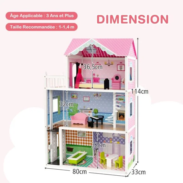 Maison de Poupée en Bois à 3 Etages avec 5 Pièces & Ascenseur & Escalier Rotatif Maison avec Autocollants & 10 Meubles pour Enfants de 3 Ans+ Rose