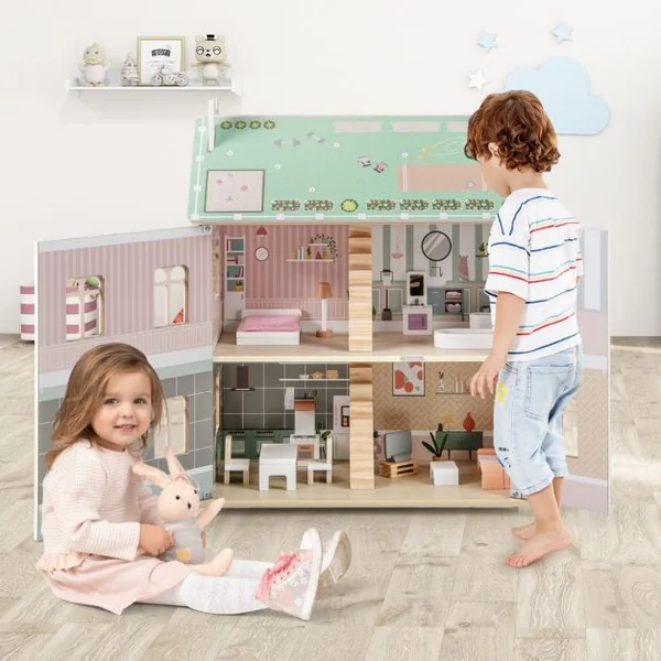 Maison de Poupée en Bois à 3 Niveaux Toits Double Face et Portes Ouvrables Maison de Rêve pour Les Enfants de 3 Ans et Plus Rose