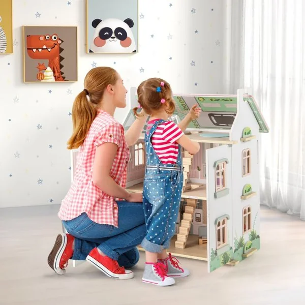 Maison de Poupée en Bois à 3 Niveaux Toits Double Face et Portes Ouvrables Maison de Rêve pour Les Enfants de 3 Ans et Plus Rose