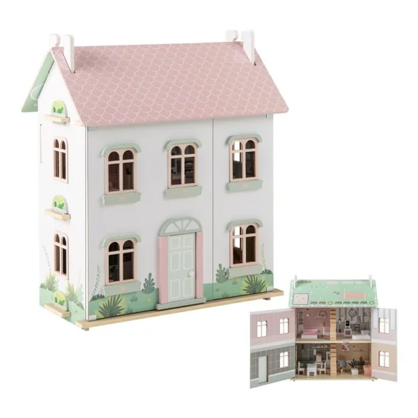 Maison de Poupée en Bois à 3 Niveaux Toits Double Face et Portes Ouvrables Maison de Rêve pour Les Enfants de 3 Ans et Plus Rose