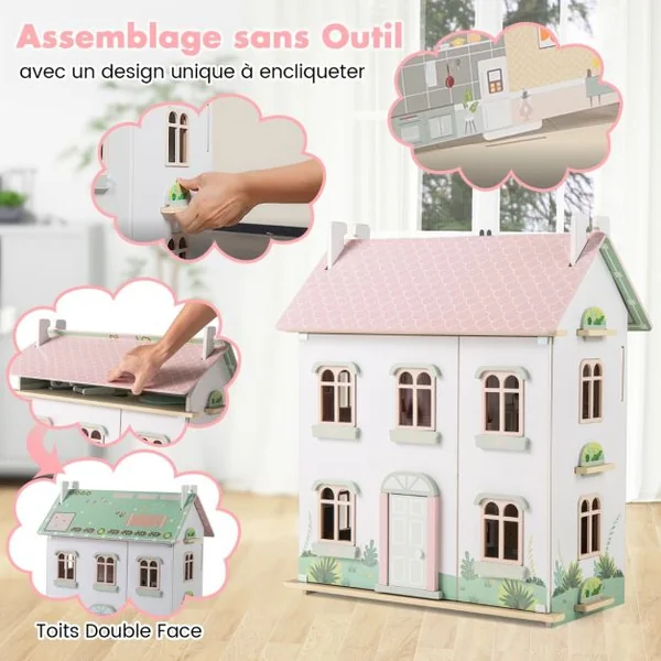 Maison de Poupée en Bois à 3 Niveaux Toits Double Face et Portes Ouvrables Maison de Rêve pour Les Enfants de 3 Ans et Plus Rose