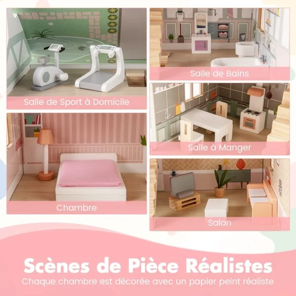 Maison de Poupée en Bois à 3 Niveaux Toits Double Face et Portes Ouvrables Maison de Rêve pour Les Enfants de 3 Ans et Plus Rose