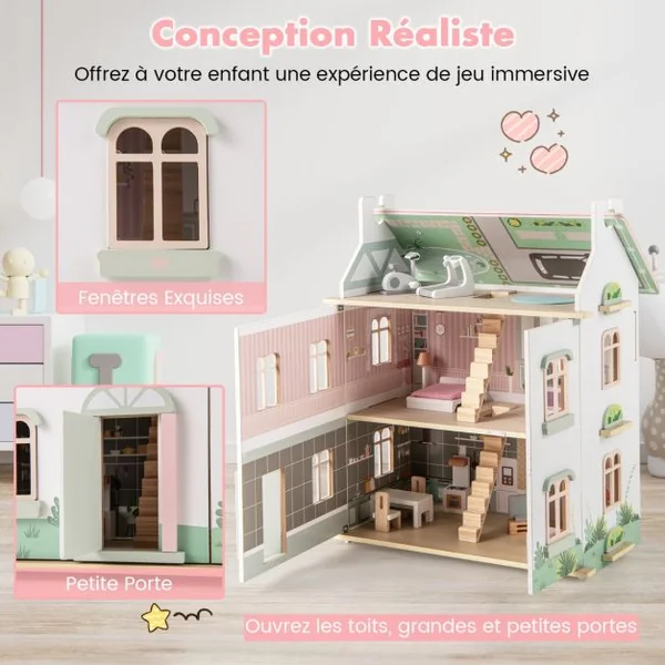 Maison de Poupée en Bois à 3 Niveaux Toits Double Face et Portes Ouvrables Maison de Rêve pour Les Enfants de 3 Ans et Plus Rose