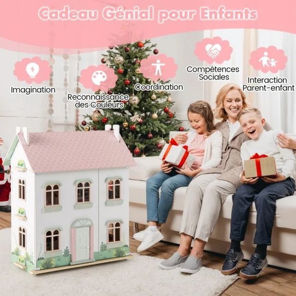 Maison de Poupée en Bois à 3 Niveaux Toits Double Face et Portes Ouvrables Maison de Rêve pour Les Enfants de 3 Ans et Plus Rose