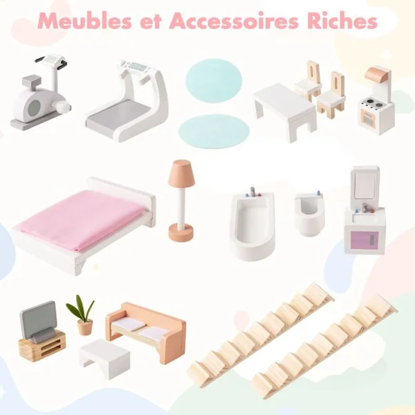 Maison de Poupée en Bois à 3 Niveaux Toits Double Face et Portes Ouvrables Maison de Rêve pour Les Enfants de 3 Ans et Plus Rose