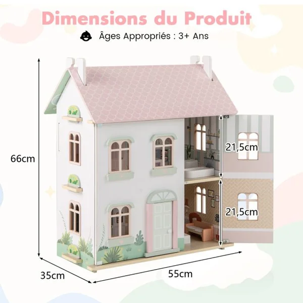 Maison de Poupée en Bois à 3 Niveaux Toits Double Face et Portes Ouvrables Maison de Rêve pour Les Enfants de 3 Ans et Plus Rose