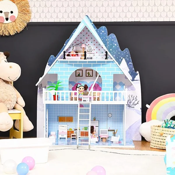 Maison de Poupée à 3 Niveaux en Bois Maison de Rêve avec 15 Meubles 3 Poupées pour Enfants de 3+ Ans Bleu