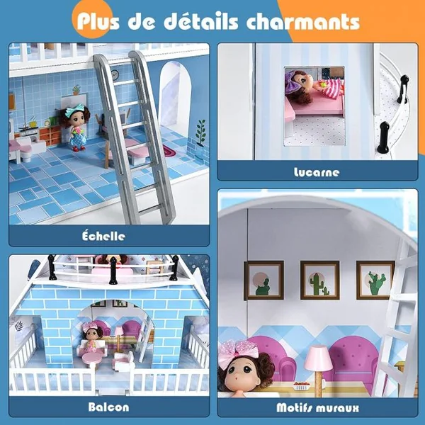 Maison de Poupée à 3 Niveaux en Bois Maison de Rêve avec 15 Meubles 3 Poupées pour Enfants de 3+ Ans Bleu