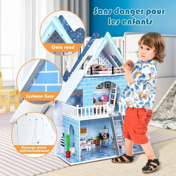 Maison de Poupée à 3 Niveaux en Bois Maison de Rêve avec 15 Meubles 3 Poupées pour Enfants de 3+ Ans Bleu