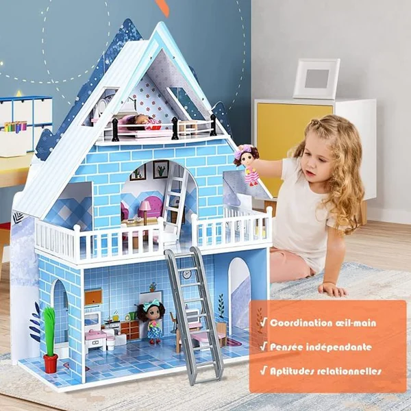 Maison de Poupée à 3 Niveaux en Bois Maison de Rêve avec 15 Meubles 3 Poupées pour Enfants de 3+ Ans Bleu