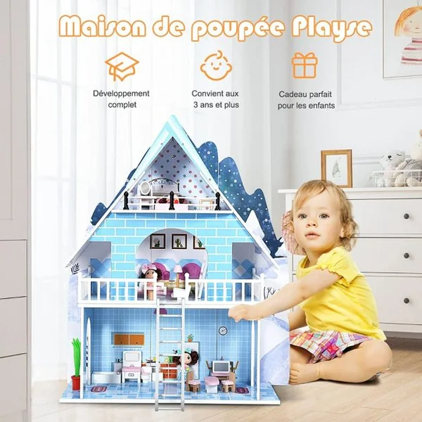 Maison de Poupée à 3 Niveaux en Bois Maison de Rêve avec 15 Meubles 3 Poupées pour Enfants de 3+ Ans Bleu