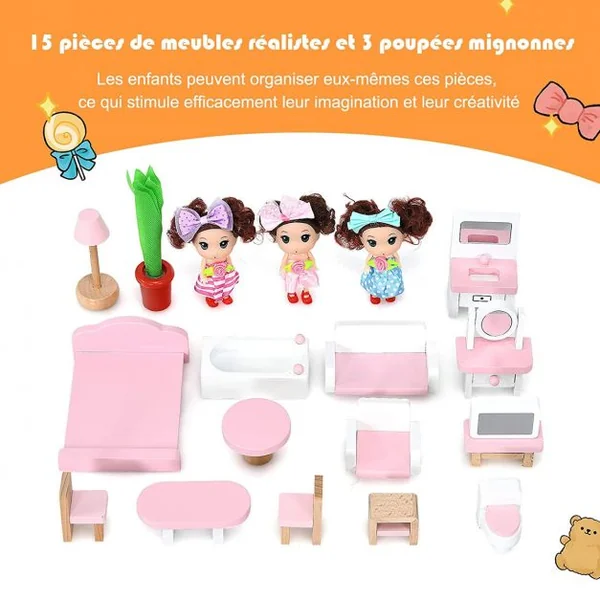 Maison de Poupée à 3 Niveaux en Bois Maison de Rêve avec 15 Meubles 3 Poupées pour Enfants de 3+ Ans Bleu