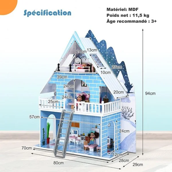 Maison de Poupée à 3 Niveaux en Bois Maison de Rêve avec 15 Meubles 3 Poupées pour Enfants de 3+ Ans Bleu
