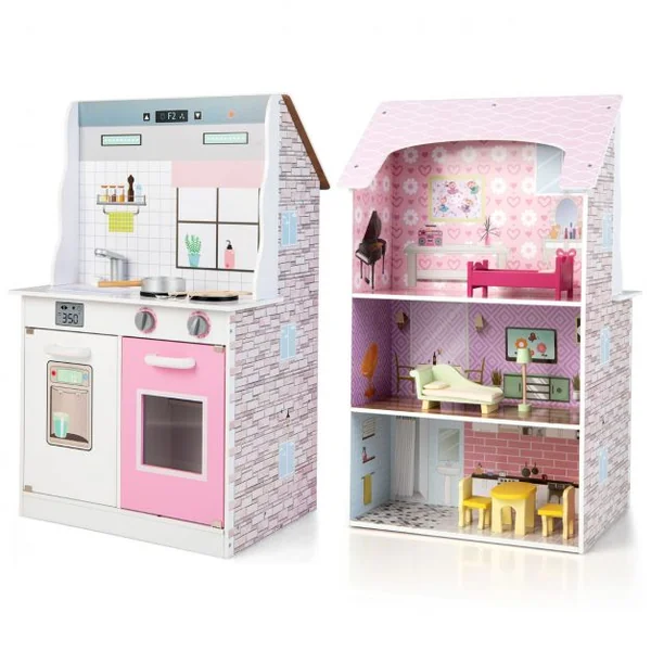 Maison de Poupées 2 en 1 avec Cuisine pour Enfant en Revers -9 Accessoires en Bois Rose